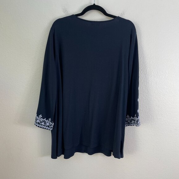 J Jill Womens Plus 2X Navy Embroidered Tunic Top Cotton Tencel Blend 3/4 Sleeve - Picture 10 of 10
